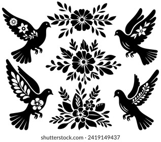 Silhouette de palomas y arreglos florales, conjunto de ficheros vectoriales para corte, impresión y diseño.