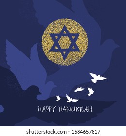 Silhouette of doves in sky. Star of David with dove with golden David Star. Israel Independence Day. Shalom Israel - Peace Israel. Hanukkah greeting cards. Shield of David. Flying Pigeon symbol of pea