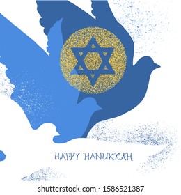 Silhouette of doves in sky. Star of David with dove with golden David Star. Israel Independence Day. Shalom Israel - Peace Israel. Hanukkah greeting cards. Shield of David. Flying Pigeon symbol 