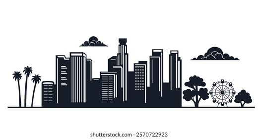 silhouette of downtown in big city metropolis with amusement park and park. flat vector illustration on white background