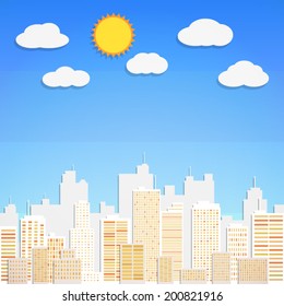 silhouette downtown city landscape in blue sky with cloud and sun background(vector)