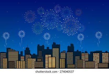 silhouette downtown city landscape at night and blue sky with colorful firework background(vector)