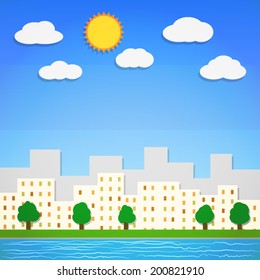 silhouette downtown city landscape and river in blue sky with cloud and sun background(vector)