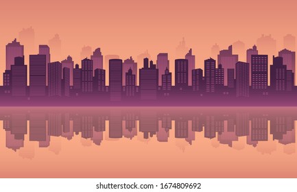 Silhouette of downtown with scenery beautiful lake.