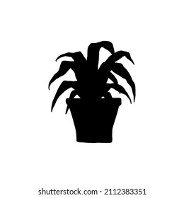 silhouette dracaena houseplant. Indoor potted plant vector black and white outline doodle illustration.