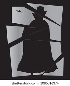 A silhouette of Dracula in a broken mirror isolated on a white background
