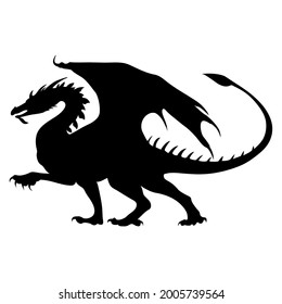 Silhouette of dragon. Black vector lizard. A dangerous dragon with steep wings.