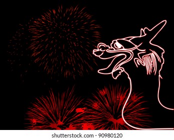 Silhouette of dragon and the fireworks