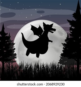 Silhouette dragon with full moon background illustration