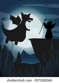 Silhouette dragon with full moon background illustration