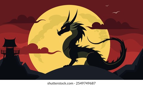 A silhouette dragon japanese style with moon and cloud for your monitor background or design