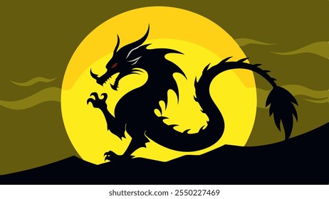 A silhouette dragon japanese style with moon and cloud for your monitor background or design