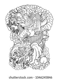 Silhouette Dragon with Koi Dragon fish and lotus flower tattoo.peach with Sakura and plum flower on cloud background.Traditional Japanese tattoo for print to t-shirt.Asian Tattoo design.