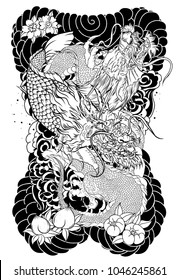 Silhouette Dragon with Koi Dragon fish and lotus flower tattoo.peach with Sakura and plum flower on cloud background.Traditional Japanese tattoo for print to t-shirt.Asian Tattoo design.