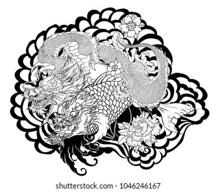 Silhouette Dragon with Koi Dragon fish and lotus flower tattoo.peach with Sakura and plum flower on cloud background.Traditional Japanese tattoo for print to t-shirt.Asian Tattoo design.