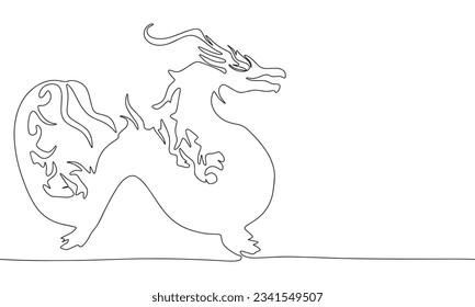Silhouette of dragon. One line continuous concept banner with symbol 2024 year. Outline, line art, vector illustration.