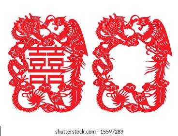 Silhouette of Dragon and Phoenix. Oriental style of paper cutting.