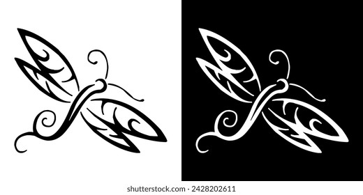  Silhouette of a dragonflies  on a black and white background, illustration for a children's coloring book.