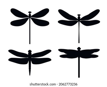 Silhouette dragonfly. Black and white set of dragonflies. 