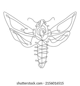 The silhouette of a dragonfly is drawn in a minimalistic style. The design is suitable for decor, pattern, logo, t-shirt print, tattoo, insect company emblem. Vector isolated illustration