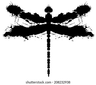 Silhouette of a dragonfly painted by blots and splatters. 