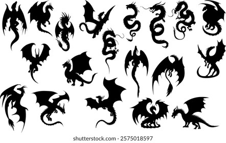 silhouette dragons in different poses collection, vector