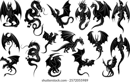 silhouette dragons in different poses set, collection on white background vector