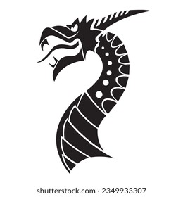 The silhouette of the dragon's head is black, drawn in different lines. Design suitable for tribal tattoo, elegant logo, mascot, power symbol, stencil, banner, t-shirt print. Vector isolated
