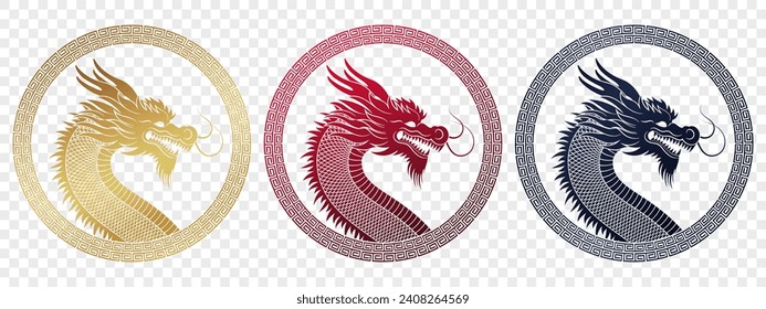 Silhouette of a dragon's head in a round frame on a transparent background with a national Chinese ornament. Set of round labels with dragon for design of cards, invitations, flyers, banners.