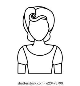silhouette drawing of faceless half body woman with t-shirt and pin up swirl hairstyle vector illustration