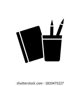 Silhouette Drawing pictogram. Outline icon of notebook, pencils in glass. Black illustration of sketch, school stationery, writing materials, education. Flat isolated vector, white background