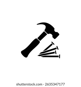 Silhouette drawing presents a hammer and a few nails with heads and sharp tips on transparent background, ideal for construction and handyman purposes.