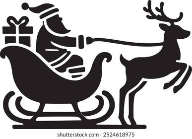 A silhouette drawing of a reindeer sleigh with Santa on the back, carrying his gifts