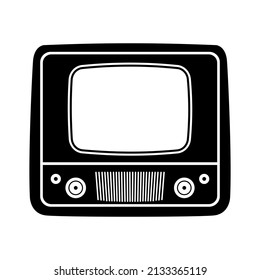 Silhouette drawing of a retro TV, old TV icon in black, vintage television with a blank screen. Isolated on white background. Vector illustration