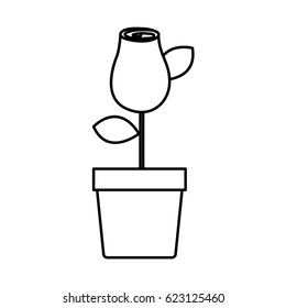 silhouette drawing rosebud with leaves and stem in flowerpot vector illustration