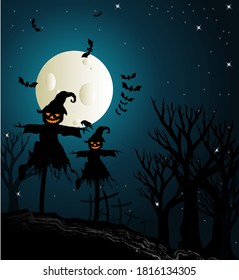 Silhouette drawing of scarecrows on a full moon halloween night.