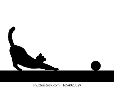 Silhouette drawing style of a cat is straining next to a ball. There’s a copy space for your text.