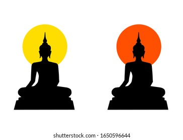 Silhouette drawing style of sitting buddha statues on a white background. There’s a beautiful aura shining from the head. Simply flat design with various solid color..