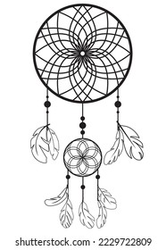 Silhouette dream catcher decorated with feathers and beads isolated on white background. Hand drawn outline vector illustration