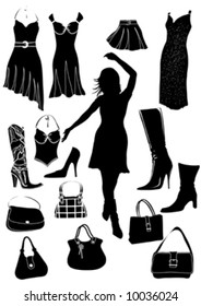 silhouette of dress, shoe and reticule