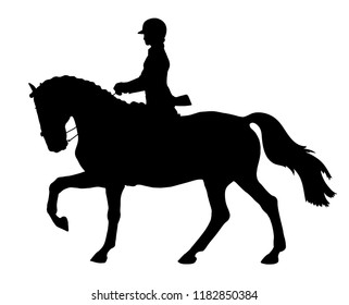A silhouette of a dressage rider cantering on a horse.