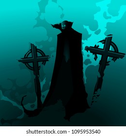 Silhouette of dried dracula surrounded by crosses and graves in blue and black tones, the bloodsucker's skull.