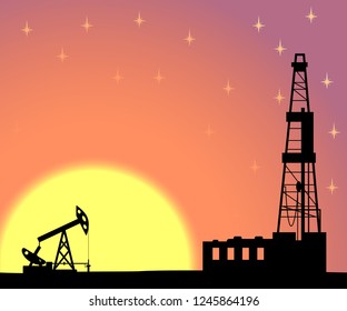 Silhouette of drilling rig and pump.
