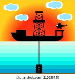 Silhouette of Drillship at Offshore for Deepwater Drilling - Vector Graphic