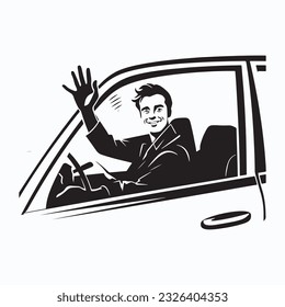 Silhouette of driver waving from his car.