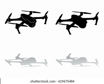 silhouette of a drone flying, black and white drawing, white background