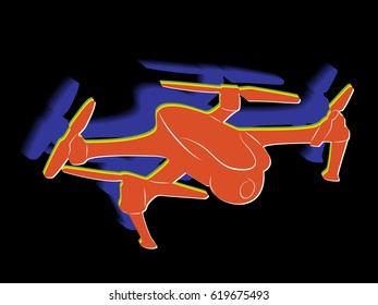 silhouette of a drone flying, color drawing, black background