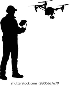 Silhouette of drone pilot operating uav outdoors at dusk remote control