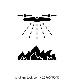 Silhouette Drone puts out fire. Outline icon of firefighting quadcopter. Black illustration of airplane spraying water or flame retardant fluid from air. Flat isolated vector on white background