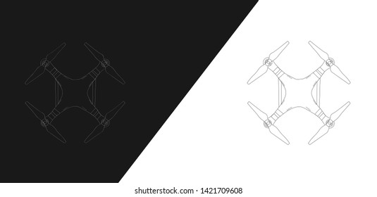Silhouette drone quad copter with digital camera at sky Isolated on white and black. 